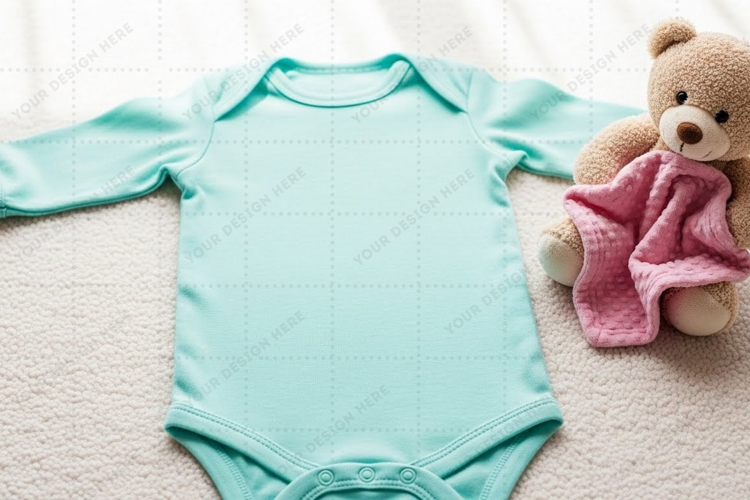 Light blue baby onesie with teddy bear mockup