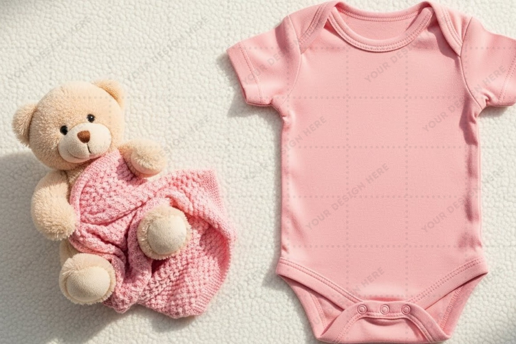 Pink baby onesie with teddy bear mockup