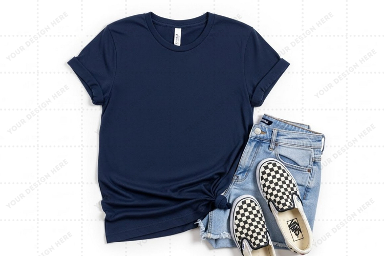 Navy blue t-shirt with denim shorts and checkered vans mocku