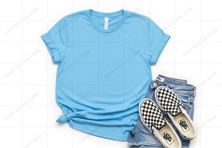 Light blue t-shirt mockup with denim jeans and checkered van