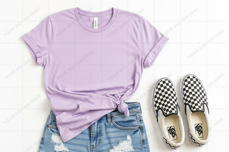 Lilac t-shirt mockup design with distressed denim mockup