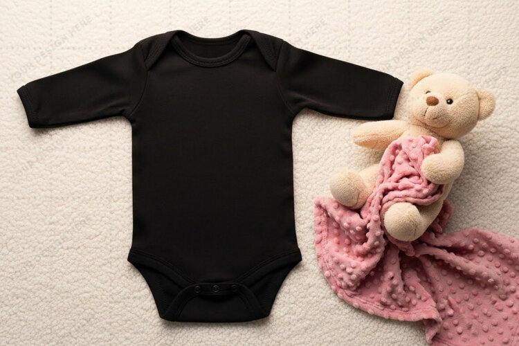 Black baby onesie with teddy bear and blanket example image 1