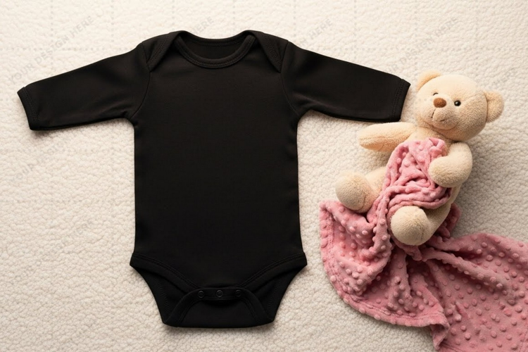 Black baby onesie with teddy bear and blanket