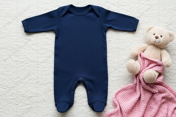 Navy blue baby onesie with teddy bear mockup