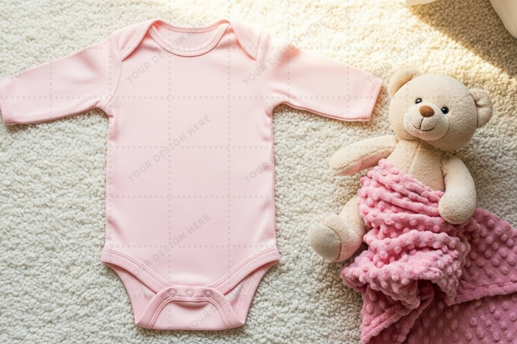 Pink baby onesie with teddy bear and blanket mockup