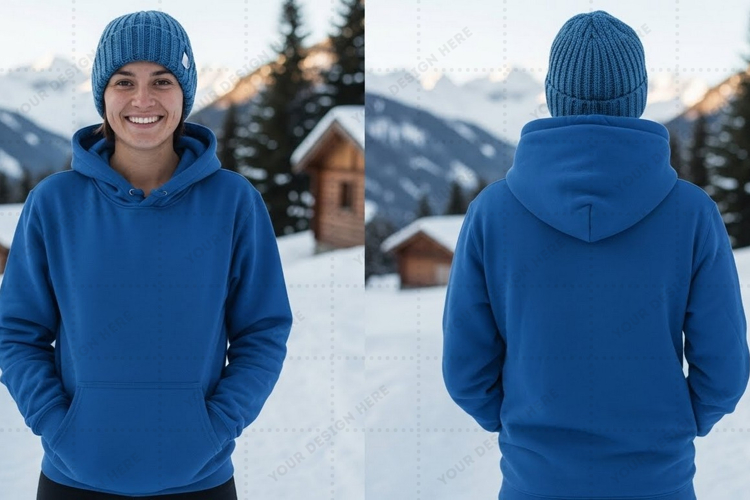 Blue hoodie with drawstring in snowy mountain t-shirt mockup