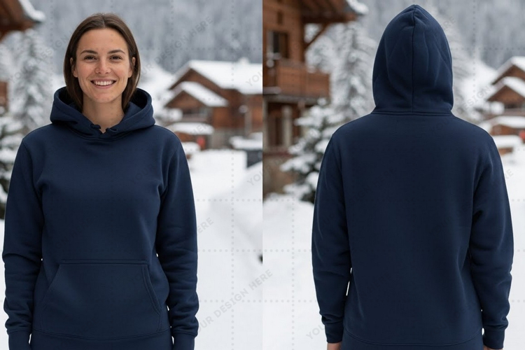 Navy blue hooded sweatshirt in snowy t-shirt mockup design