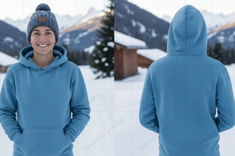 Unisex light blue hoodie in snowy mountain t-shirt mockup de