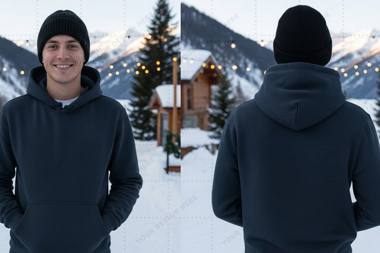 Winter hoodie in snowy mountain scene t-shirt mockup design
