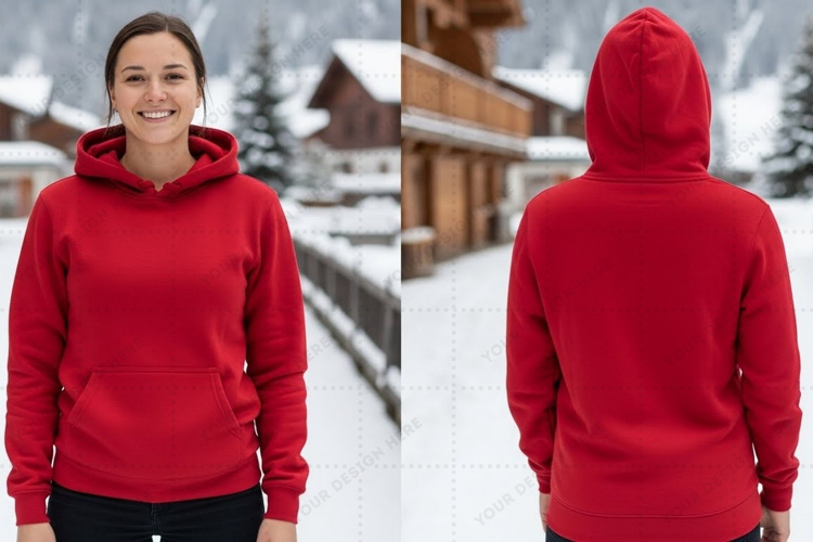 Red hoodie in snowy mountain setting t-shirt mockup design
