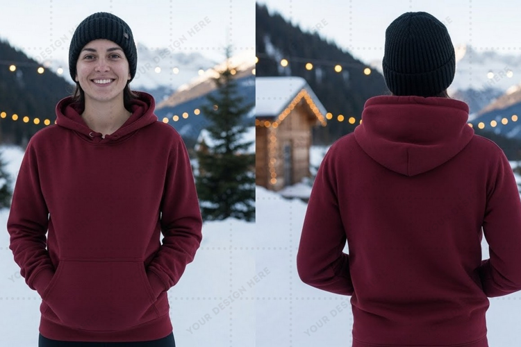 Cozy winter hoodie in burgundy t-shirt mockup design