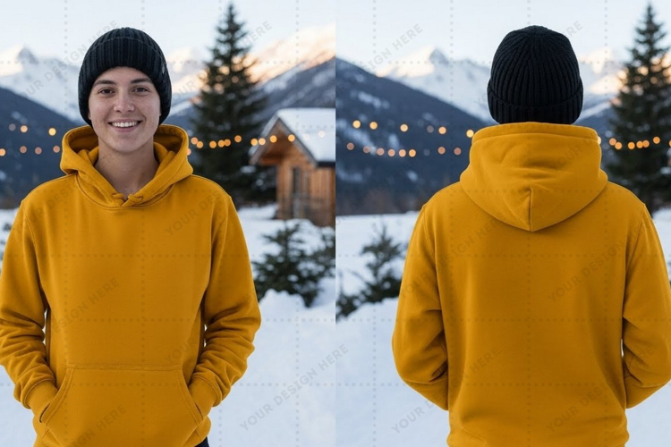 Mustard yellow hoodie in winter landscape t-shirt mockup des