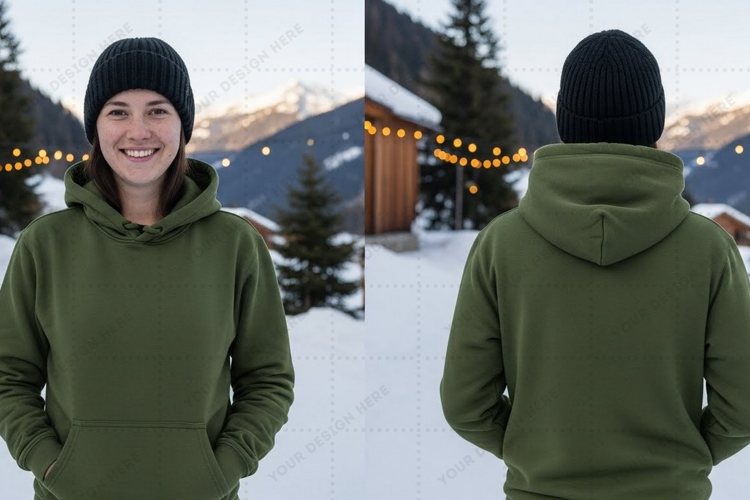 Unisex olive green hoodie with drawstring t-shirt mockup des