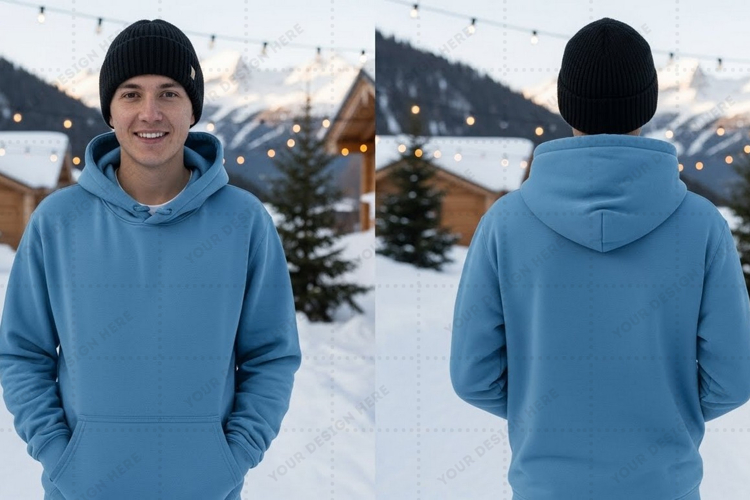 Cozy blue hoodie in winter landscape t-shirt mockup design