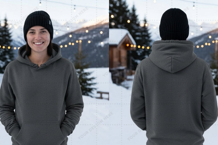 Cozy winter hoodie in snowy mountain cabin t-shirt mockup de
