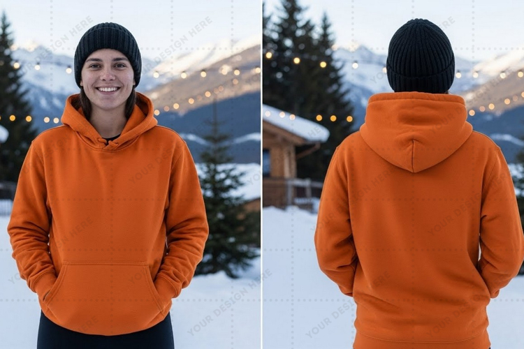 Unisex orange hoodie with drawstring t-shirt mockup design