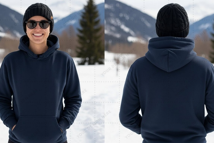 Unisex navy blue hoodie in snowy mountain landscape t-shirt