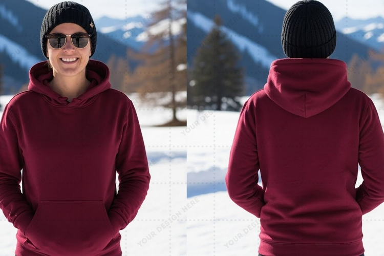 Unisex burgundy hoodie in snowy mountain landscape mockup