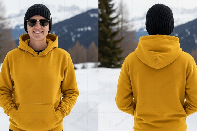 Mustard yellow hoodie in snowy mountain landscape mockup