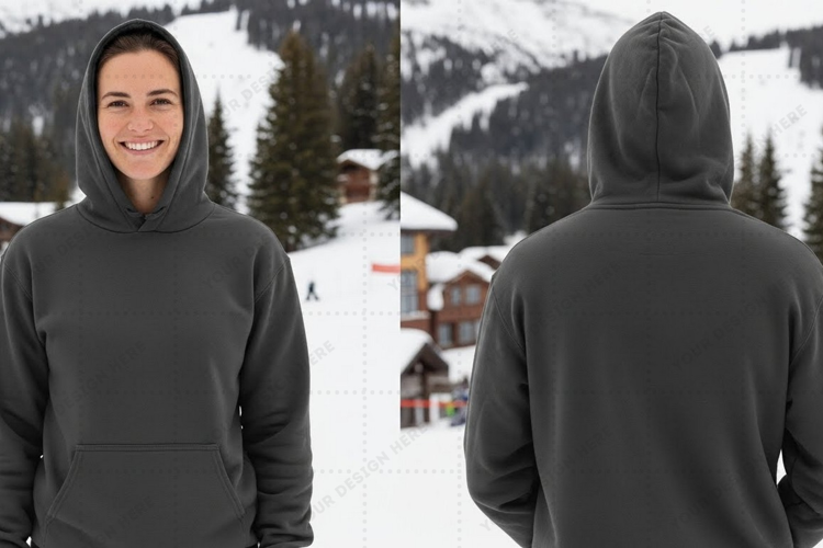 Grey hoodie in snowy mountain landscape t-shirt mockup