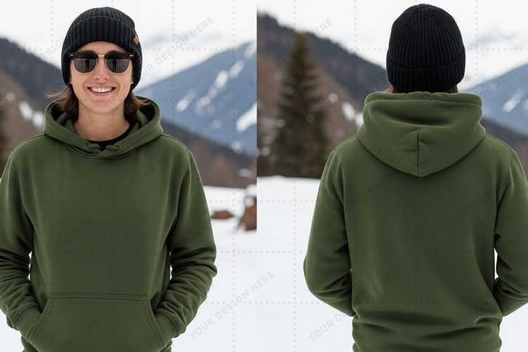 Olive green hoodie with drawstring t-shirt mockup design