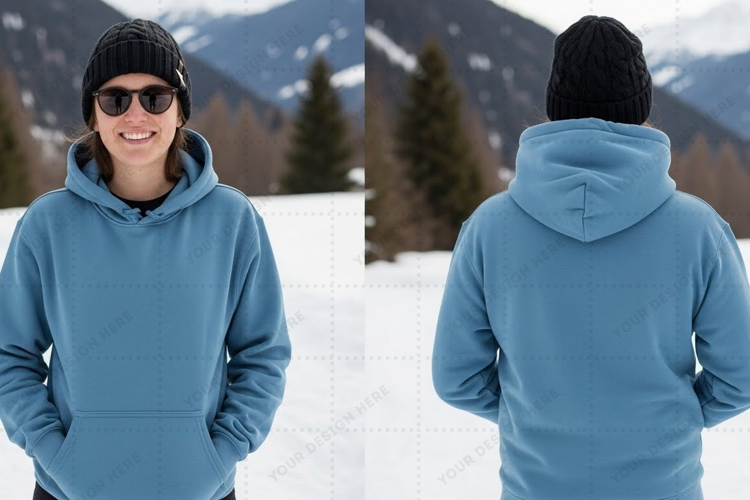 Unisex light blue hoodie in snowy mountain setting t-shirt