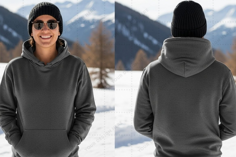 Unisex grey hoodie with pockets t-shirt mockup design