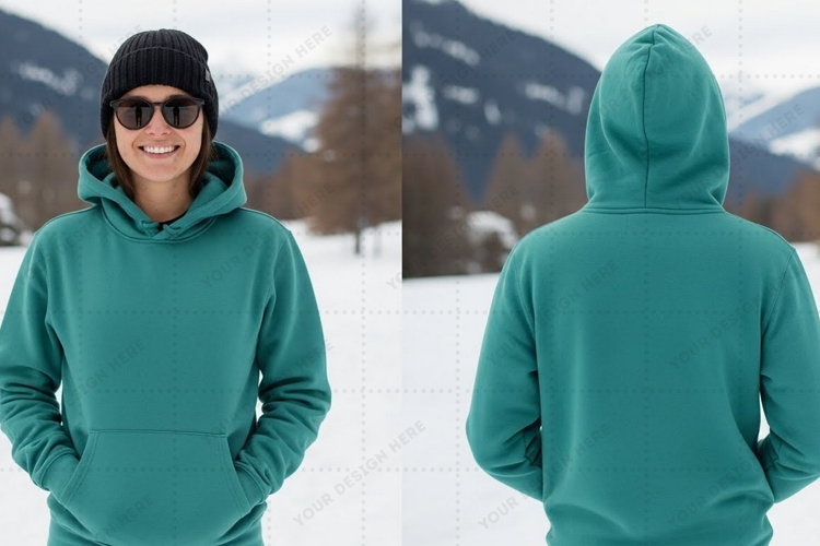 Teal hoodie in snowy mountain landscape t-shirt mockup
