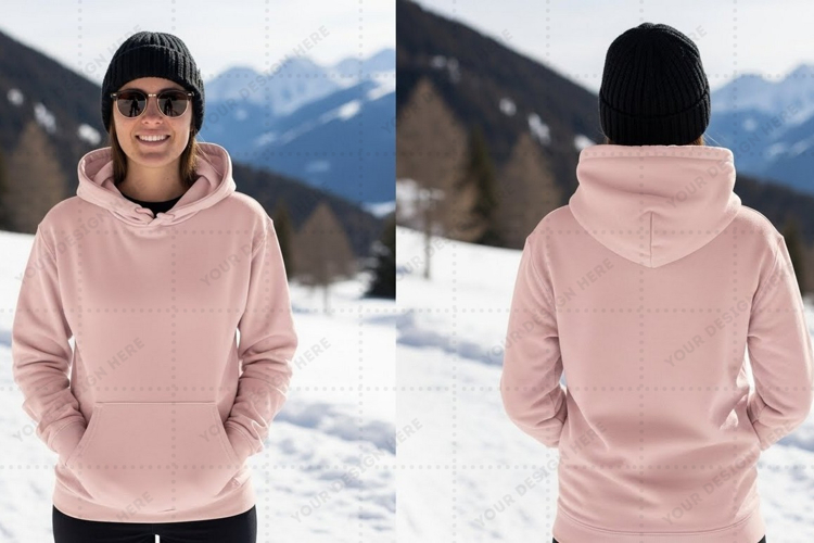 Light pink hoodie in snowy mountain landscape t-shirt mockup