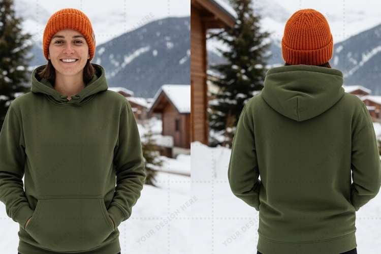 Olive green hoodie with front pocket t-shirt mockup design