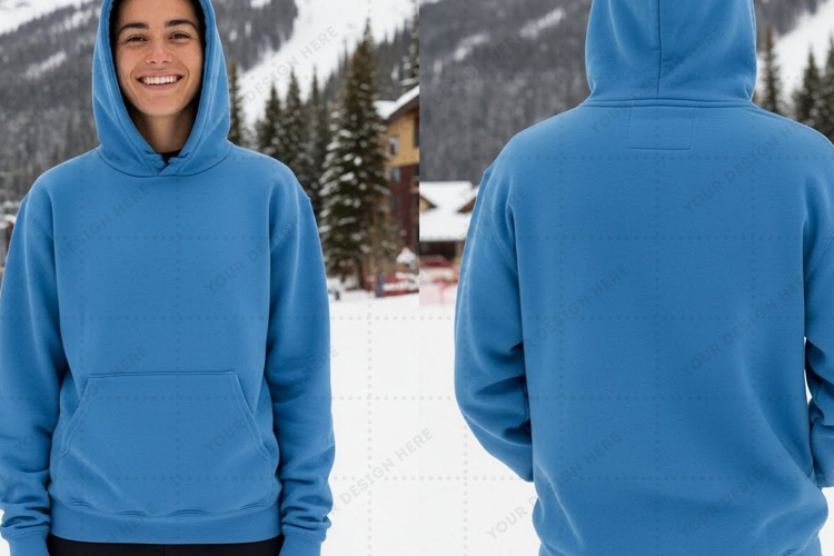 Blue hoodie in snowy mountain setting t-shirt mockup design