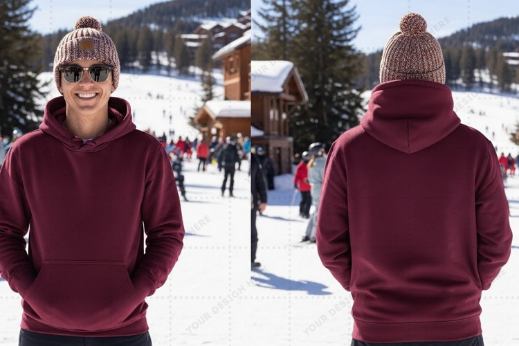 Maroon hoodie in snowy mountain setting t-shirt mockup desig
