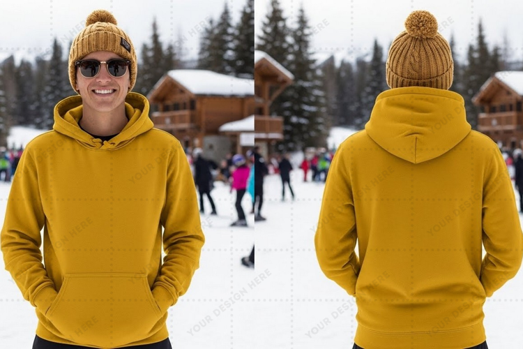 Mustard yellow hoodie with front pocket t-shirt mockup