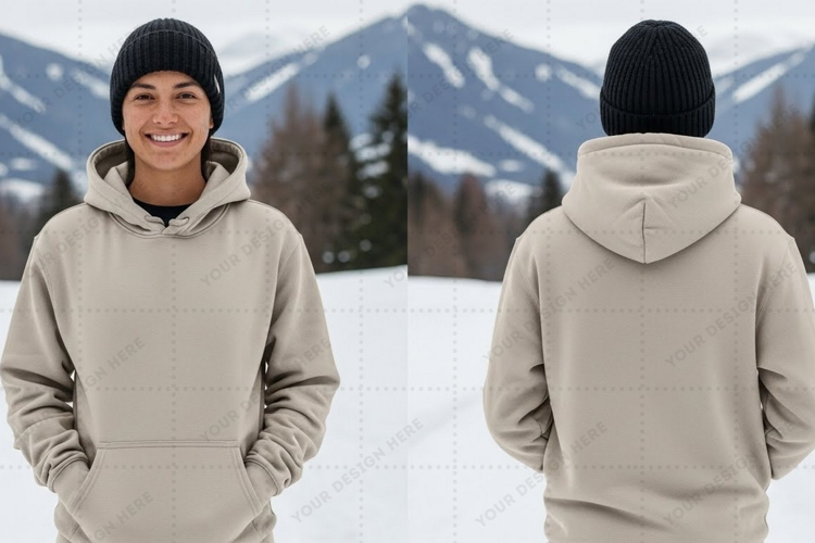 Unisex hoodie in light beige with snowy mountain t-shirt moc
