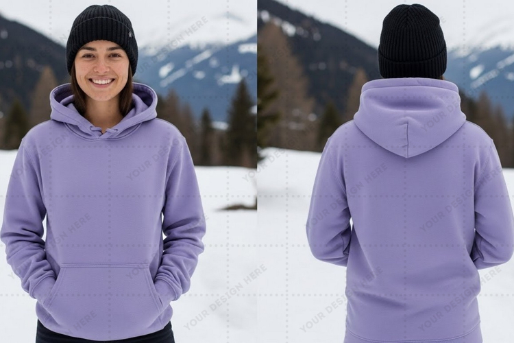 Purple hoodie with drawstring in snowy t-shirt mockup design