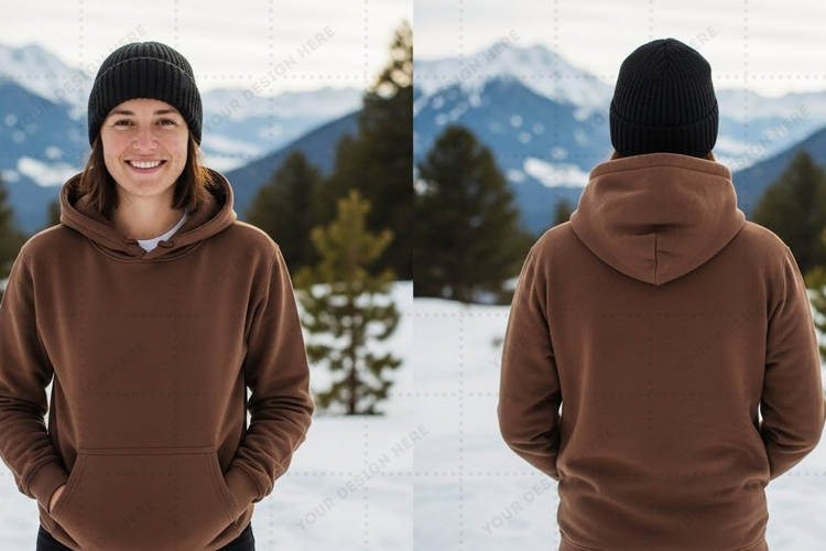 Brown hoodie with pockets in snowy t-shirt mockup design