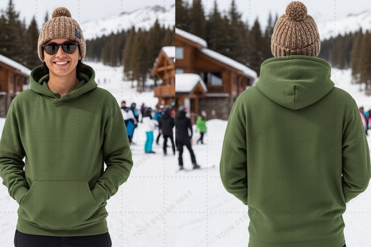 Green hoodie in snowy outdoor setting t-shirt mockup design
