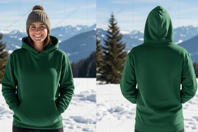 Green hoodie in snowy mountain landscape t-shirt mockup desi