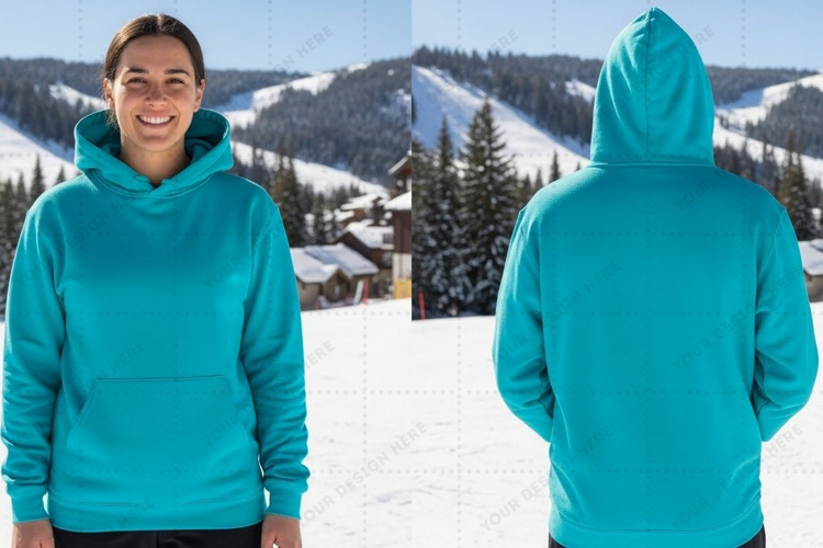 Turquoise hoodie in snowy mountain landscape t-shirt mockup