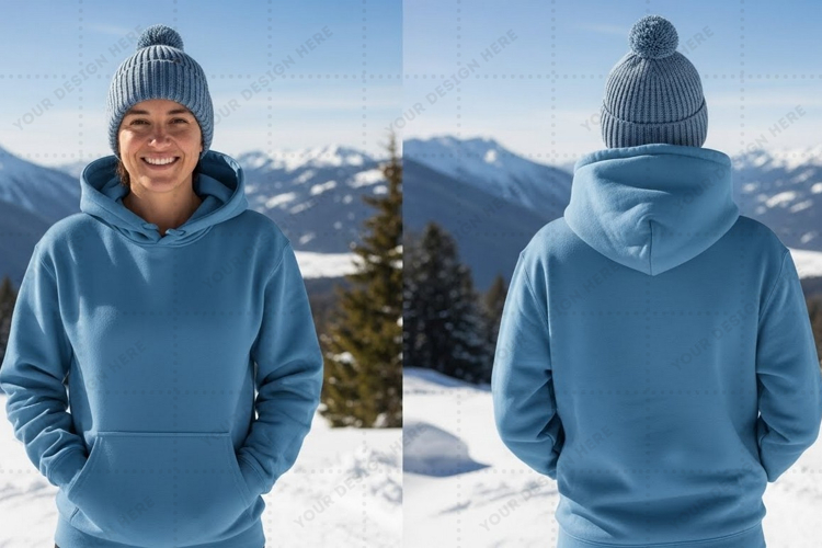 Blue hoodie with drawstring in snowy t-shirt mockup design
