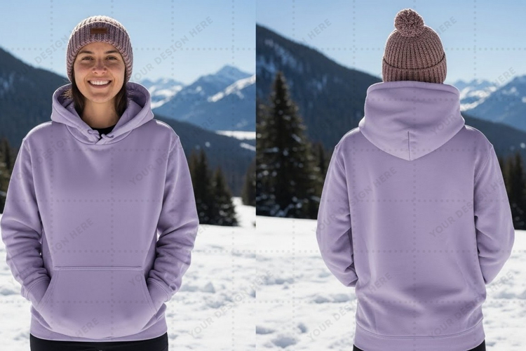 Lilac hoodie in snowy mountain landscape t-shirt mockup desi