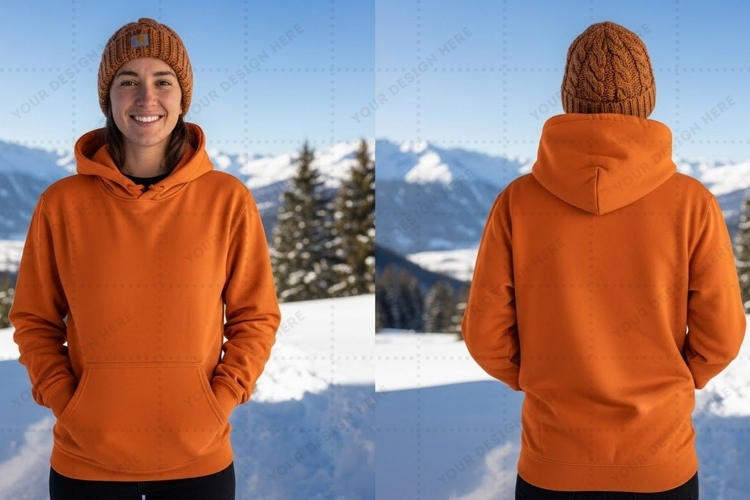 Orange hoodie in snowy mountain landscape t-shirt mockup des