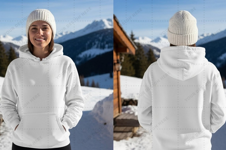 White hoodie with pocket in snowy t-shirt mockup design