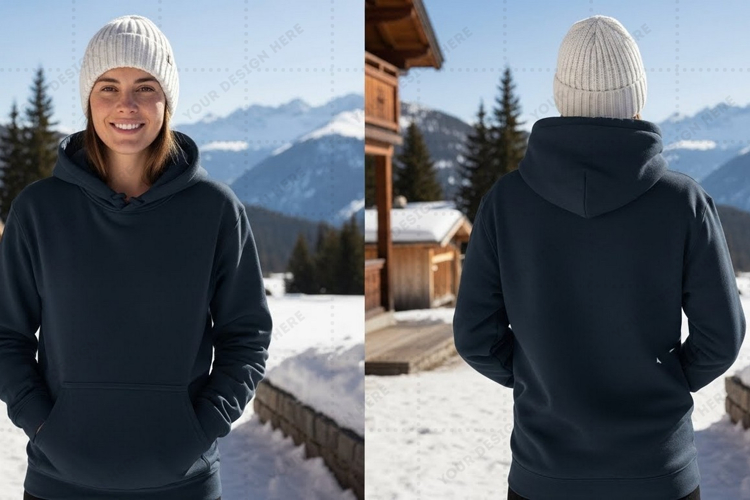 Womens dark gray hoodie with white beanie t-shirt mockup de