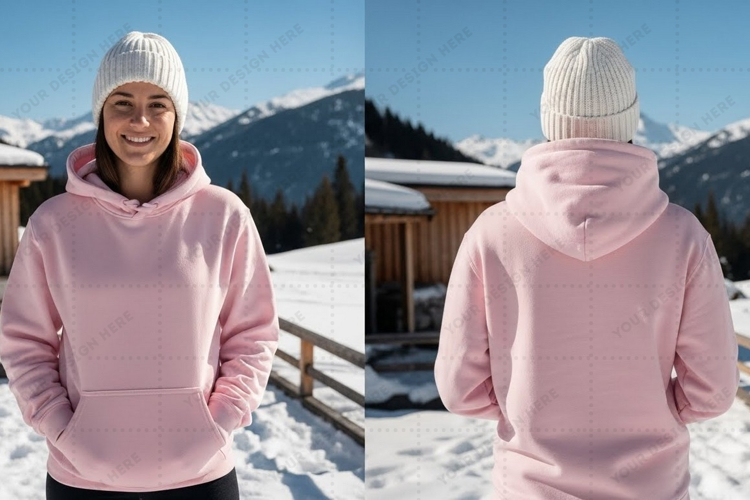Pink hoodie with drawstring in snowy t-shirt mockup