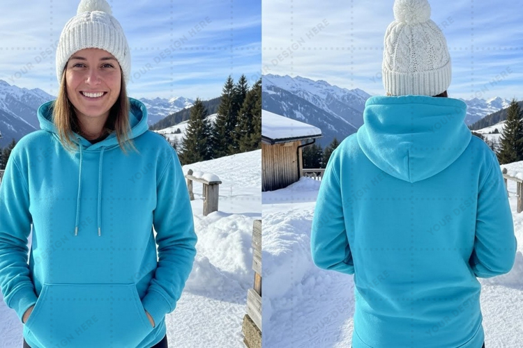 Turquoise hoodie with white pom-pom beanie t-shirt mockup de