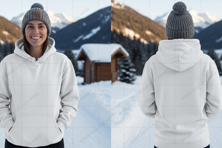 Womens winter hoodie in snowy mountain t-shirt mockup desig
