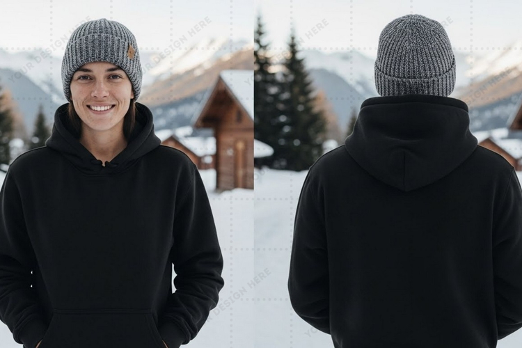 Black hoodie with mountain scene t-shirt mockup design