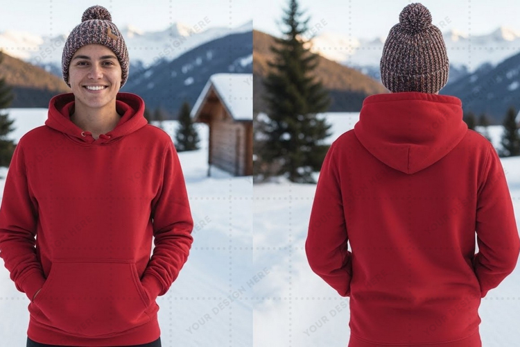 Red hooded sweatshirt in snowy t-shirt mockup design