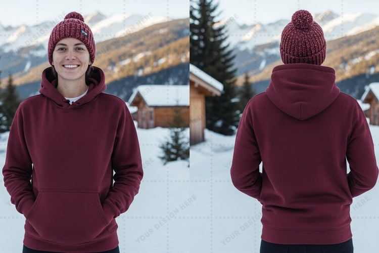 Womens burgundy hoodie in snowy t-shirt mockup design